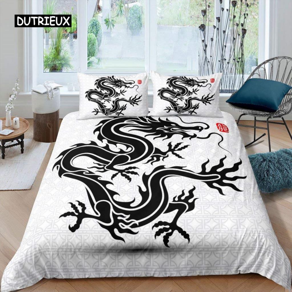 Red Flame Dragon Duvet Cover Set Chinese Dragon Culture Fairy Tale Bedding Sets Microfiber For Children Women Men Bedroom Decor