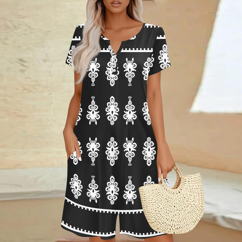 Damen Freizeit Jumpsuit mit kurzen Ärmeln Mode Top Jumpsuit Shorts Romper mit Taschen