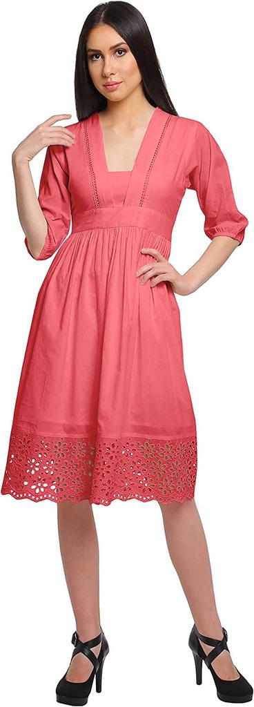 Moomaya Solid Midi Dress For Women Plus Size Lace Details Clothing Summer