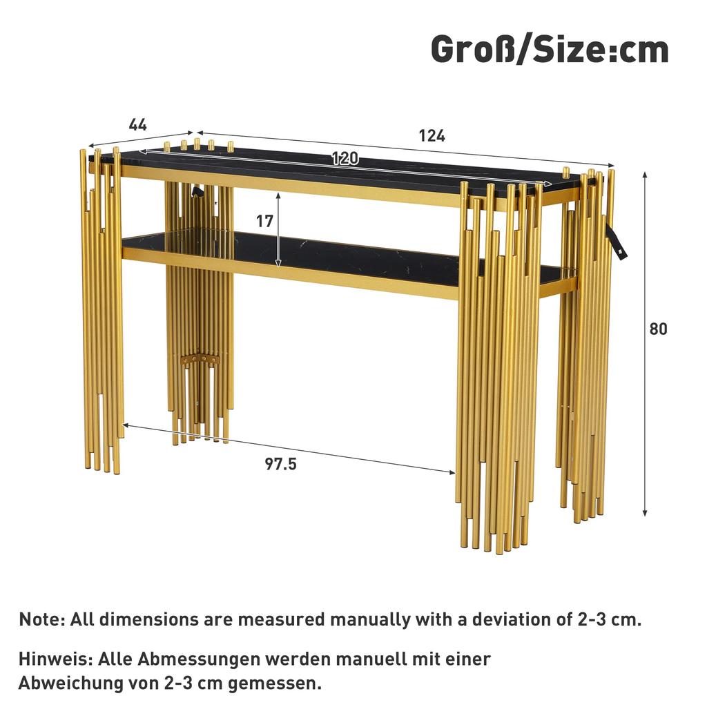 Console Table Two-tier Open Shelves, Small Narrow Sofa Table Living Room, Entrance, Hallway, Stable Metal Frame, 124cm, Black & Gold