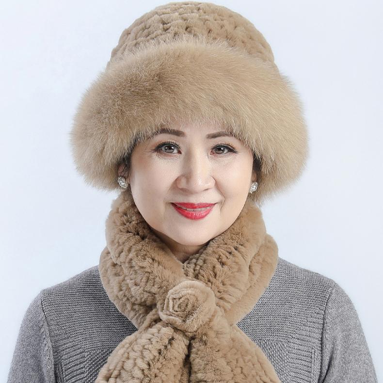 Fur Hat Female Winter Warm Rex Rabbit Hair Old Lady In The Elderly Mother Grandma Thickened Warm Hat Scarf