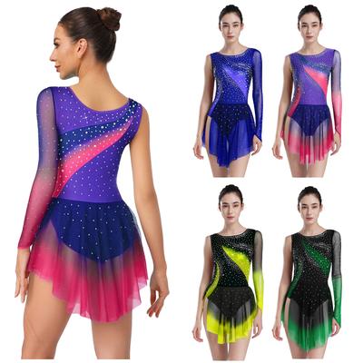 Vestido Collant Degradê Feminino Manga Longa Sem Manga Strass Barra Irregular de Tule Patinação Artística Ballet Collant