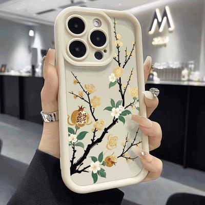 Golden Plum & Pomegranate Soft TPU Phone Case for iPhone 16 15 14 13 12 11 Pro Max Plus Shockproof Anti-Slip Cover