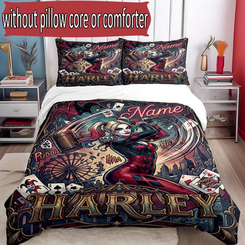3pcs Duvet Cover Set (1*Duvet Cover + 2*Pillowcase, Without Core), Custom Name Harley Quinn Pattern Bedding Set, Home Bedroom Decor Gift