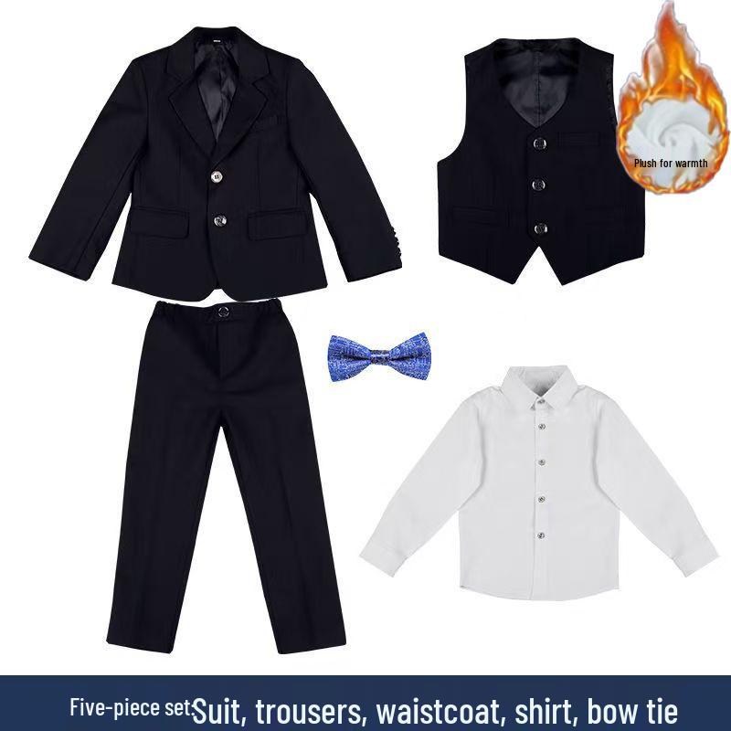 Boy's Formal Ensemble: Fleece White Shirt, Black Suit Pants, Vest, Page Boy Overalls, Performance Costume