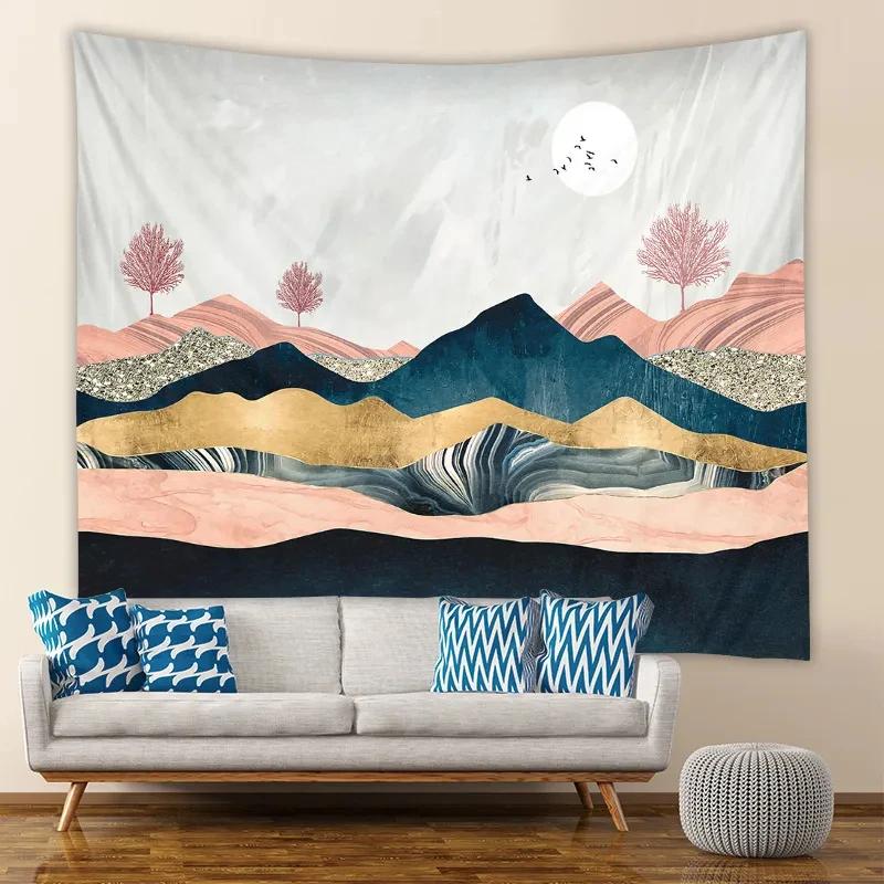 Abstract Mountain Geometric Print Tapestry Ins Sun Forest Landscape Wall Hanging Tapestry Home Bedroom Living Room Decoration
