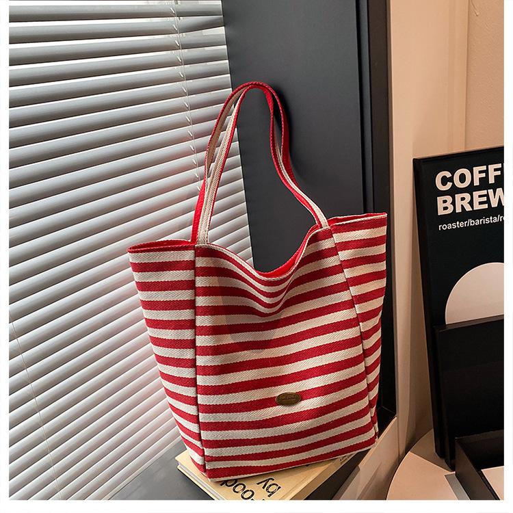 Striped canvas bag bag 2025 new Korean style ins tote leisure bag single shoulder large capacity tote bag shopping bag