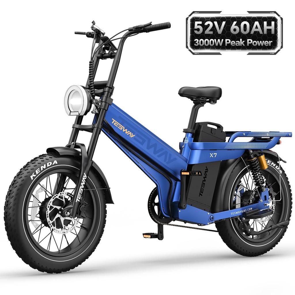 Tesway X7 AWD Electric Bike, Peak 3000W Dual Motor, 52V 60Ah Battery, Range 300km, 20*4.0'' Tires, 7 Speed, 8A Charger