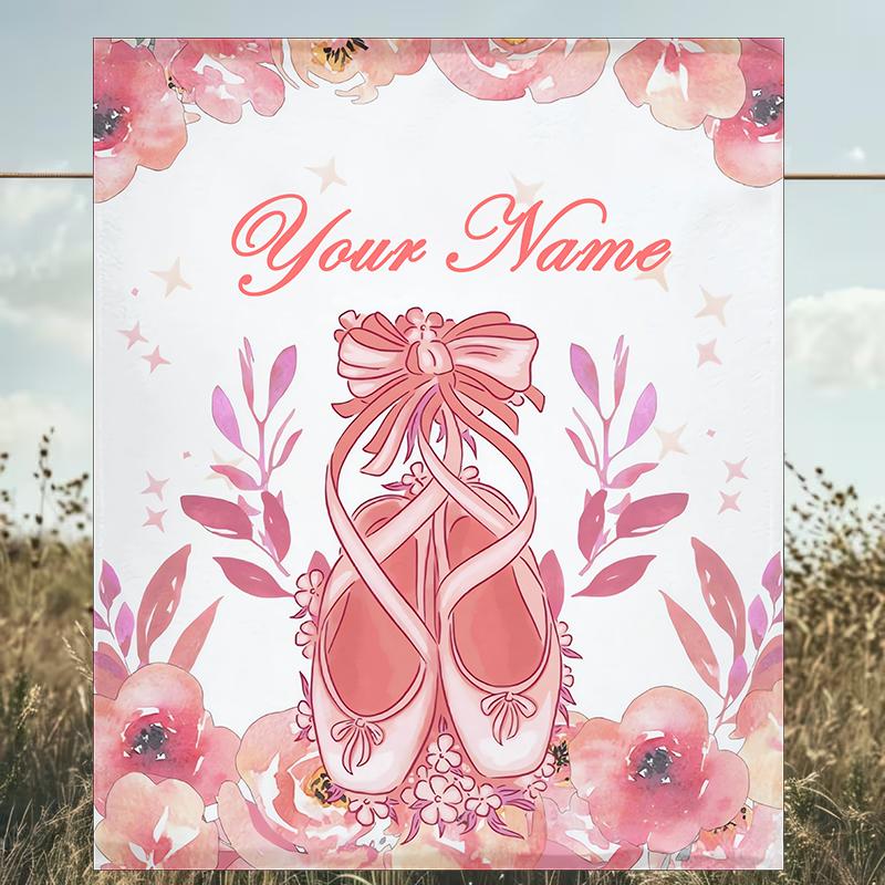 1PC Custom Name Dance Shoes Floral Background Outdooor Flannel Blankets Patterns Throw Blanket All-Season Soft Gift for Couch, Bed, Camping Gifts