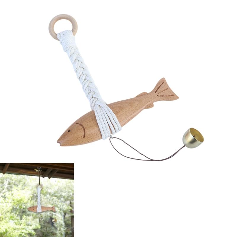 Car Ornament Wooden Fish Door Pendant Charm with Bells Wall Art Hangable Chimes Doorbell Decoration for Car Interior