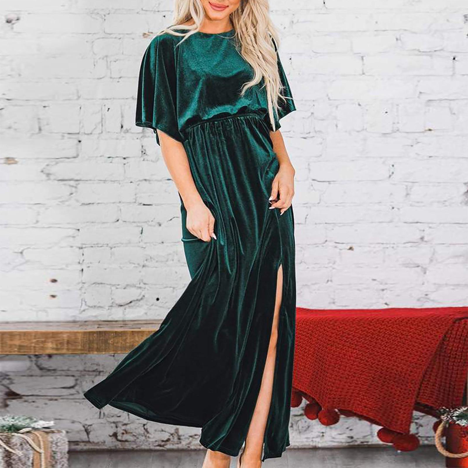 

Women s Fashion Sexy Gold Velvet Round Neck High Split Evening Dress XL зелений