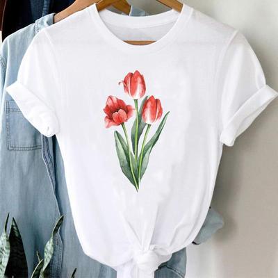 (Asian Size) Women Print Lady Tee Flower Watercolor Lovely 90s Top Clothing Casual Short Sleeve Fashion Tshirt Female Graphic T-shirts