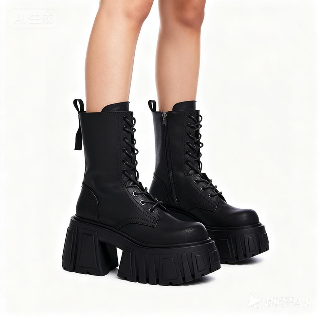 Autumn Women Boots 10CM Heels Wedges Platform PU Leather Rivet Buckle Shoes Cool Retro Punk Boots Lace-up&Zip Casual Dress Shoes