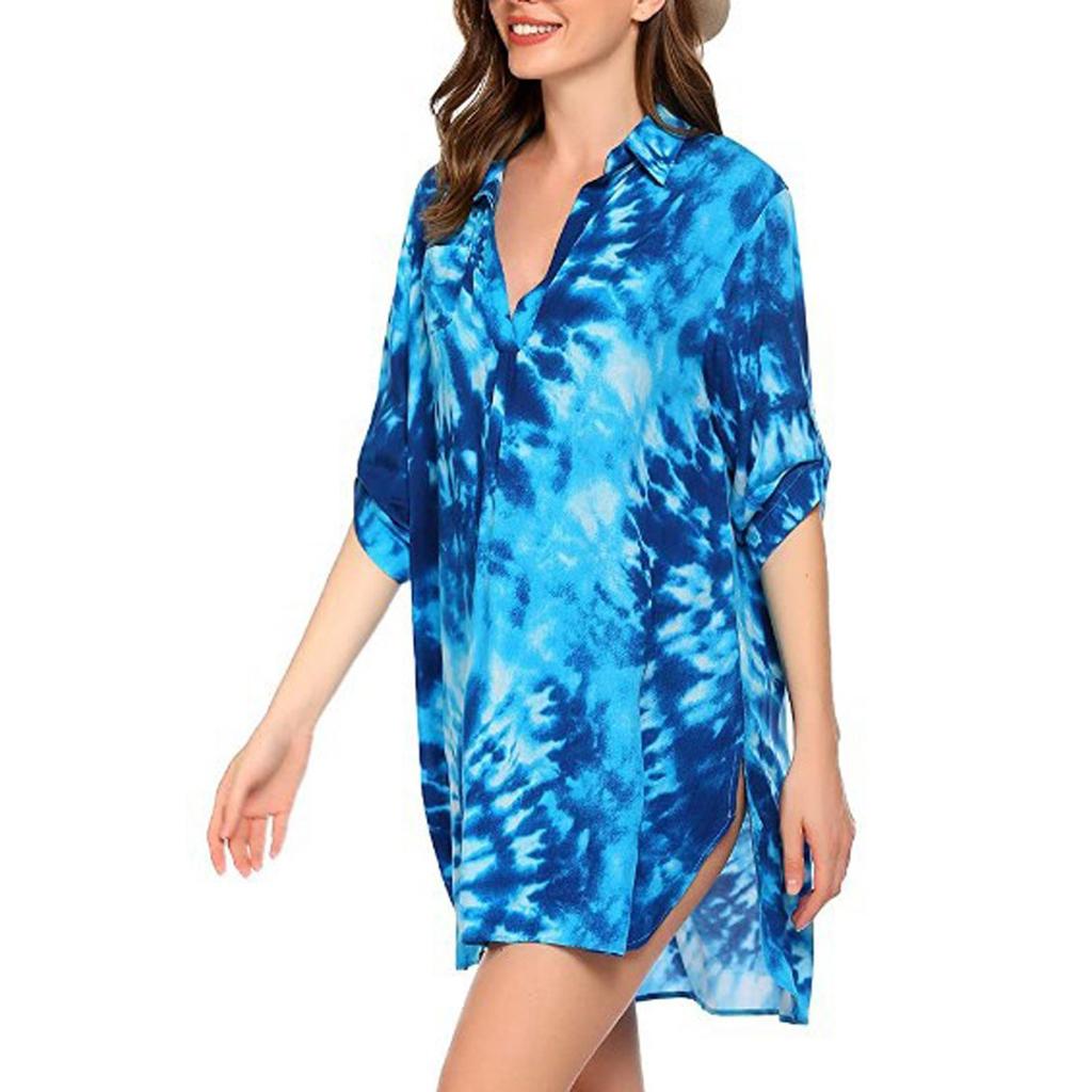 Damenmode bedrucktes, entspanntes, langärmliges, kurzes Strandblusen-Hemdkleid mit V-Ausschnitt