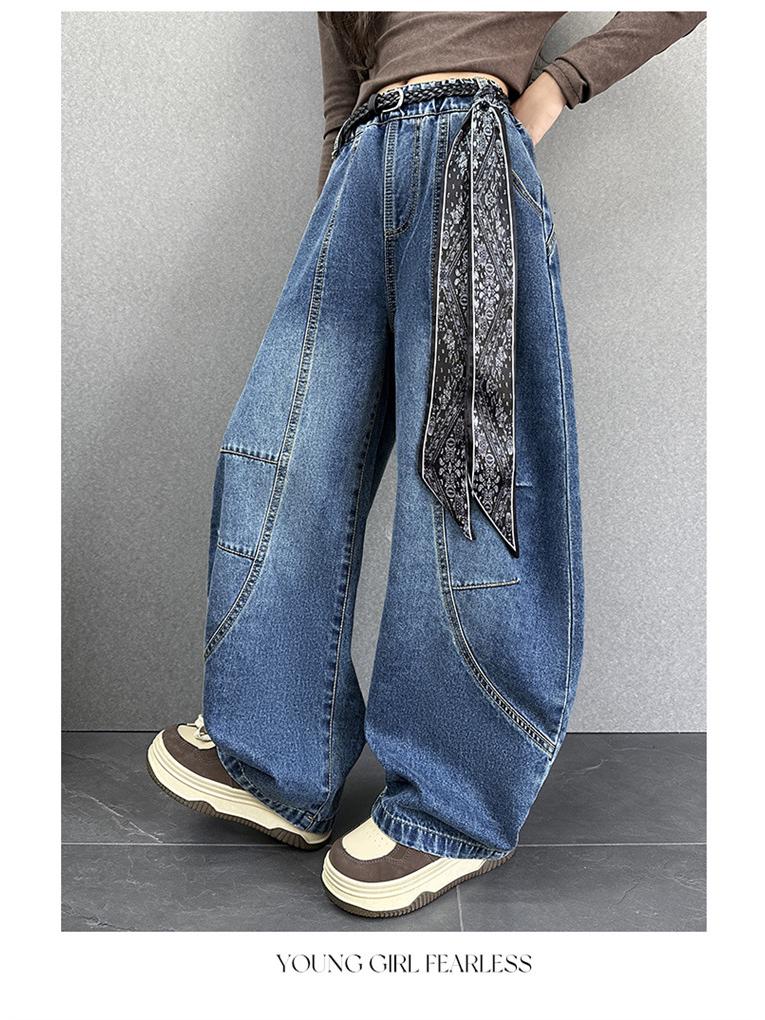 Autumn 2025 Girls' Wide-Leg Scimitar Jeans - Casual Long Pants for Kids