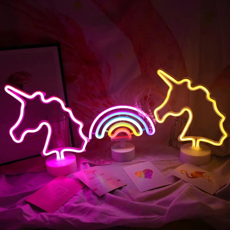 Ins Girl Heart Rainbow Unicorn Neon Light Bedroom Ornament Small Night Light Room Decoration Desk Lamp Gift