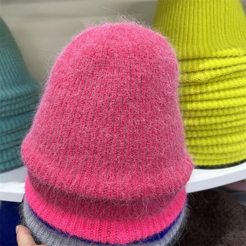 Rabbit hair blended wool knitted vertical striped bucket hat women's autumn and winter warm solid color literary fisherman hat