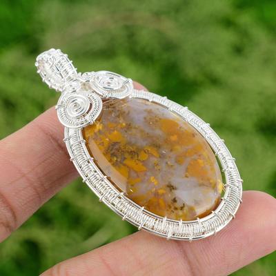 Sterling Silver Natural Plume Agate Ethnic Art Deco Wire Wrapped Mother Pendant