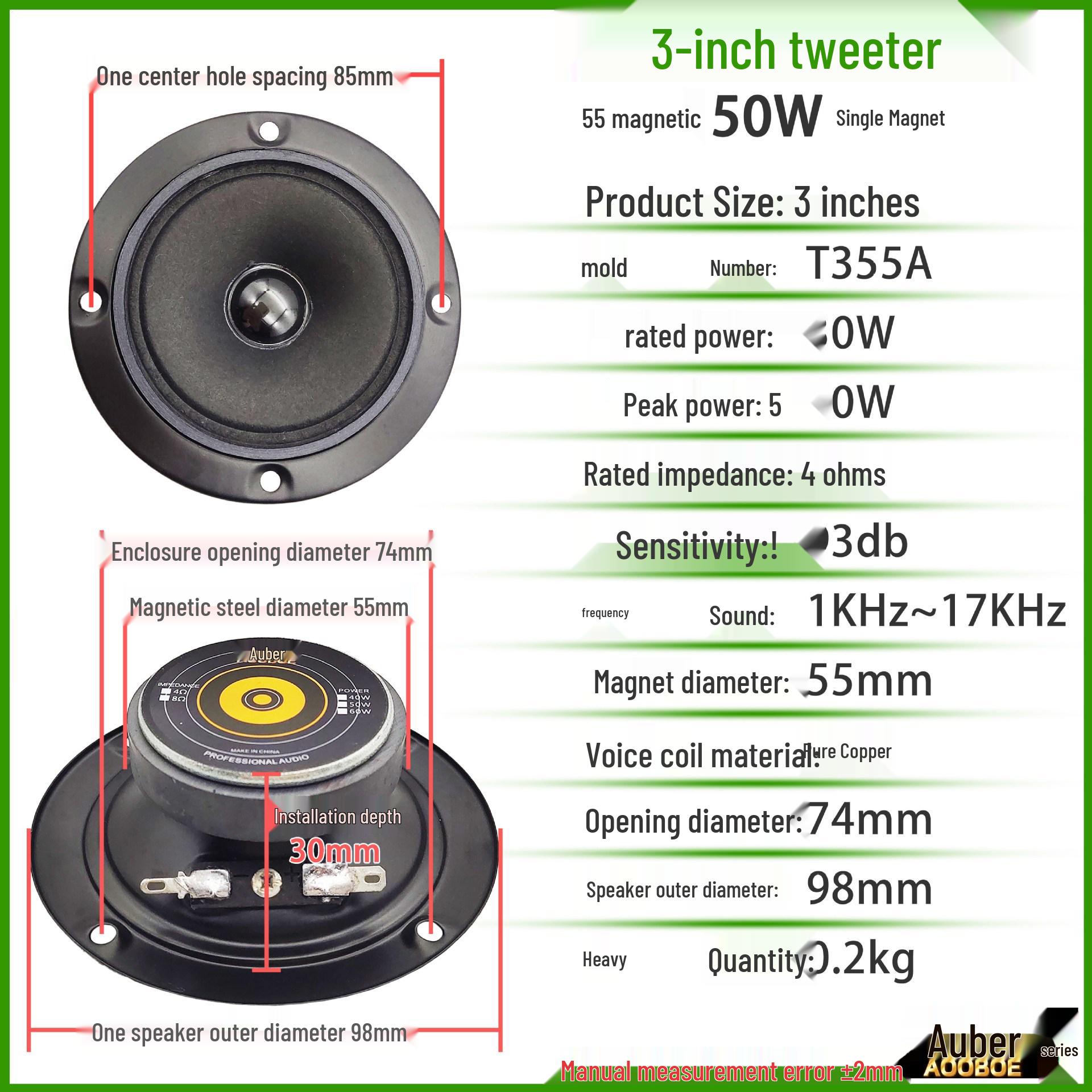 3-4 Inch Dual Magnet Round Tweeter Bookshelf Speaker, 4-8 Ohm, Car Mount, KTV Audio System