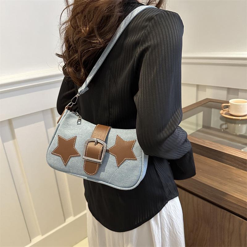 Star Denim New Style Fashion Trend Spring Fashionable Design Crescent Bag Canvas Chain Handheld Underarm Bag