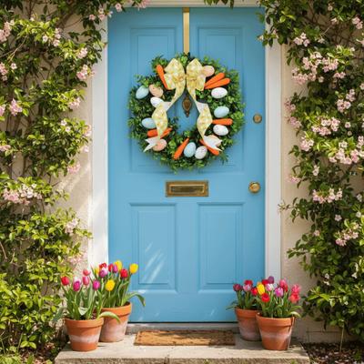 Colorful Eggs Easter Wreath Vibrant Colors Handmade Front Gate Wreath Decorative Carrots Design Front Door Hanging Garlands