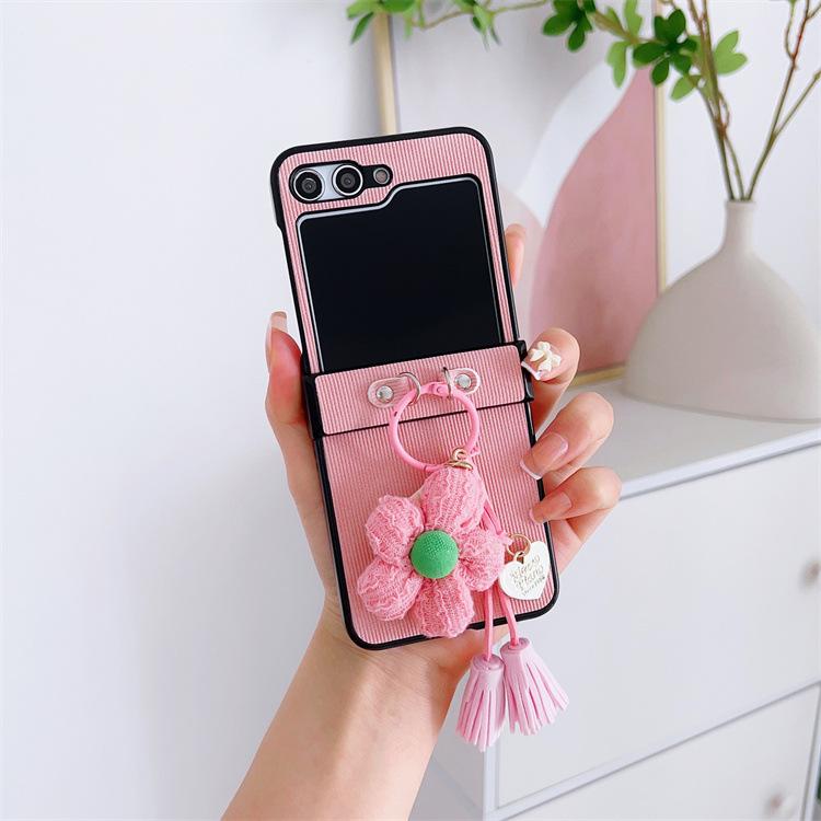 Applicable To Samsung ZFlip5 Mobile Phone Case Striped Leather Case Zflip4 Flower Mobile Phone Lanyard All-inclusive Anti-drop Protective Case