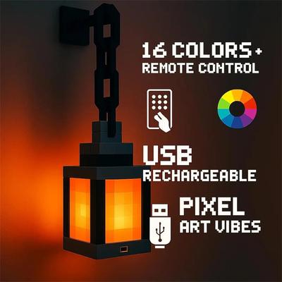 Pixel Lantern Night Light USB Rechargeable LED 16 Color Remote Portable Lantern Wall Mount Desktop Mood Light for Kids Bedroom Home Decor