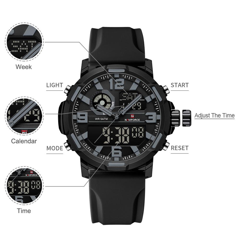 NAVIFORCE Original Men Dual Time Watch Quartz Movement LCD Digital Silicone Strap Waterproof Calendar Date Night Pattern Men Watch NF7130