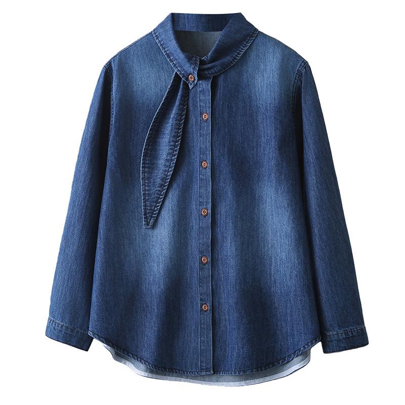 2026 Spring Plus Size Flowy Collar Denim Shirt for Women - Long Sleeve Slimming Jacket Fashion Top