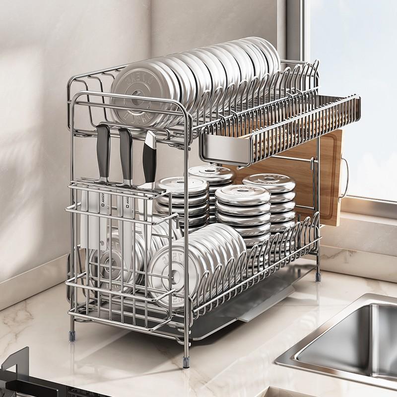 Stainless Steel Double Layer Dish Drying Rack Kitchen Sink Countertop Multi-Functional Utensil Organizer