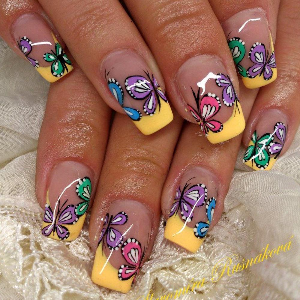 French Butterfly Glitter Ballet Shaped Long False Nails Stickers - Wearable Nail Art Pieces