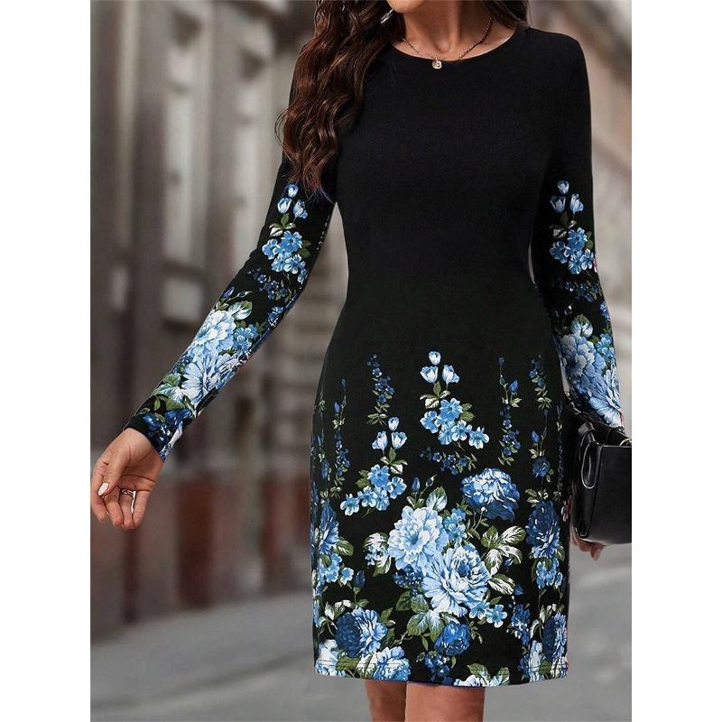 Autumn Winter Women Dress O Neck Flower Print A-Line Long Sleeve Loose Dress Casual Fashion Elegant Ladies Mini Dresses
