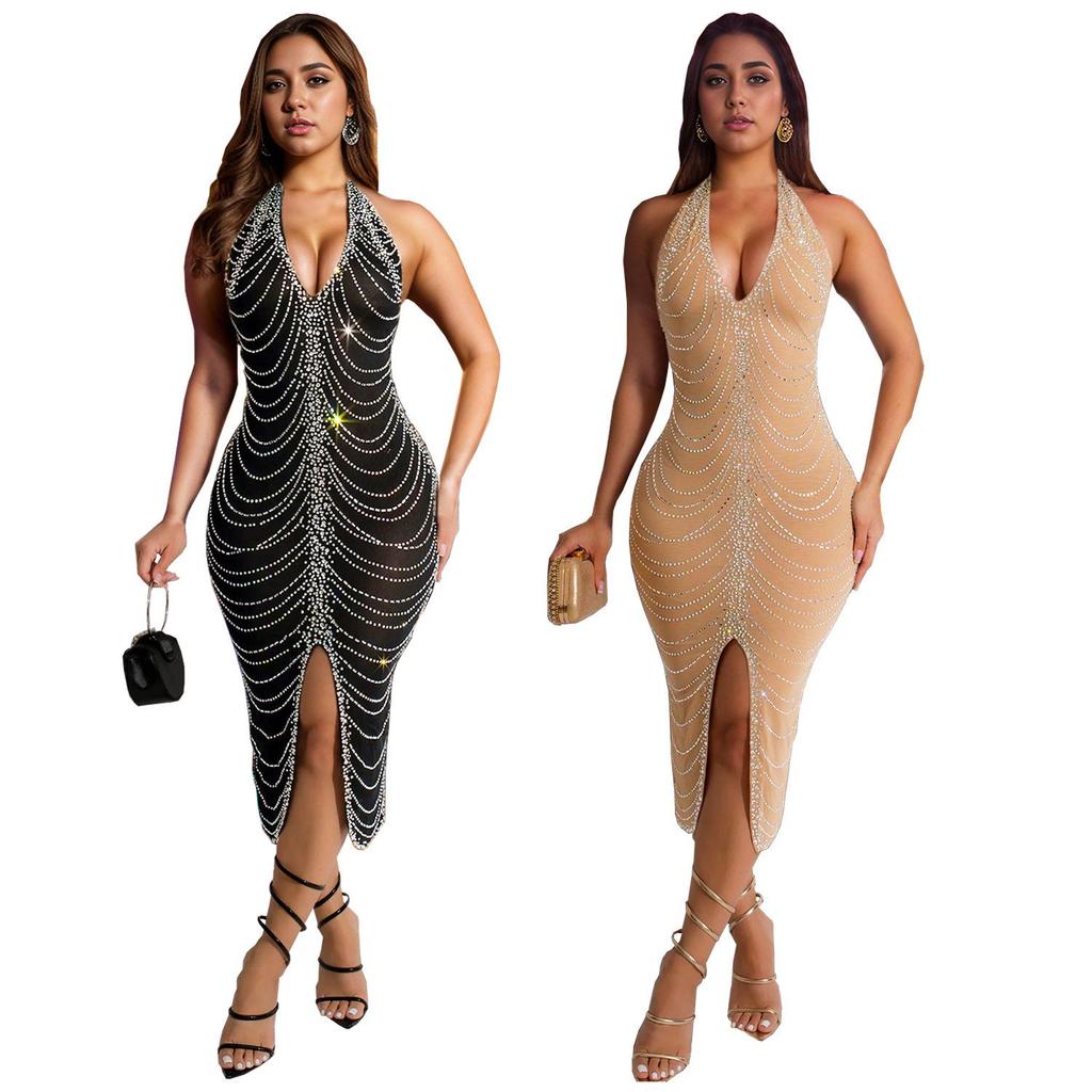 Sexy Figurbetontes Langes Damenkleid mit Strasssteinen