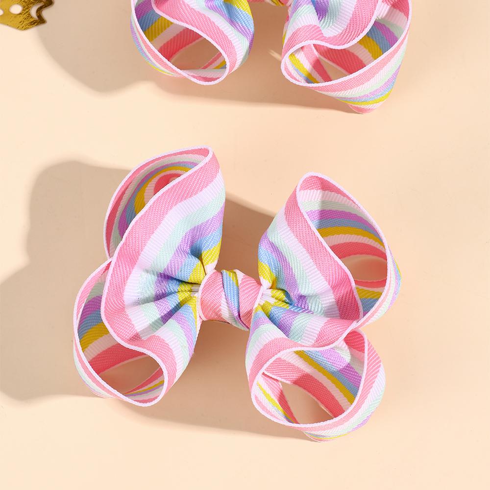 2Pcs Striped Bow Hair Clips Rainbow Ribbon Hairpin Colorful Barrette For Girls Children Popular School Headdress Accesories Gift