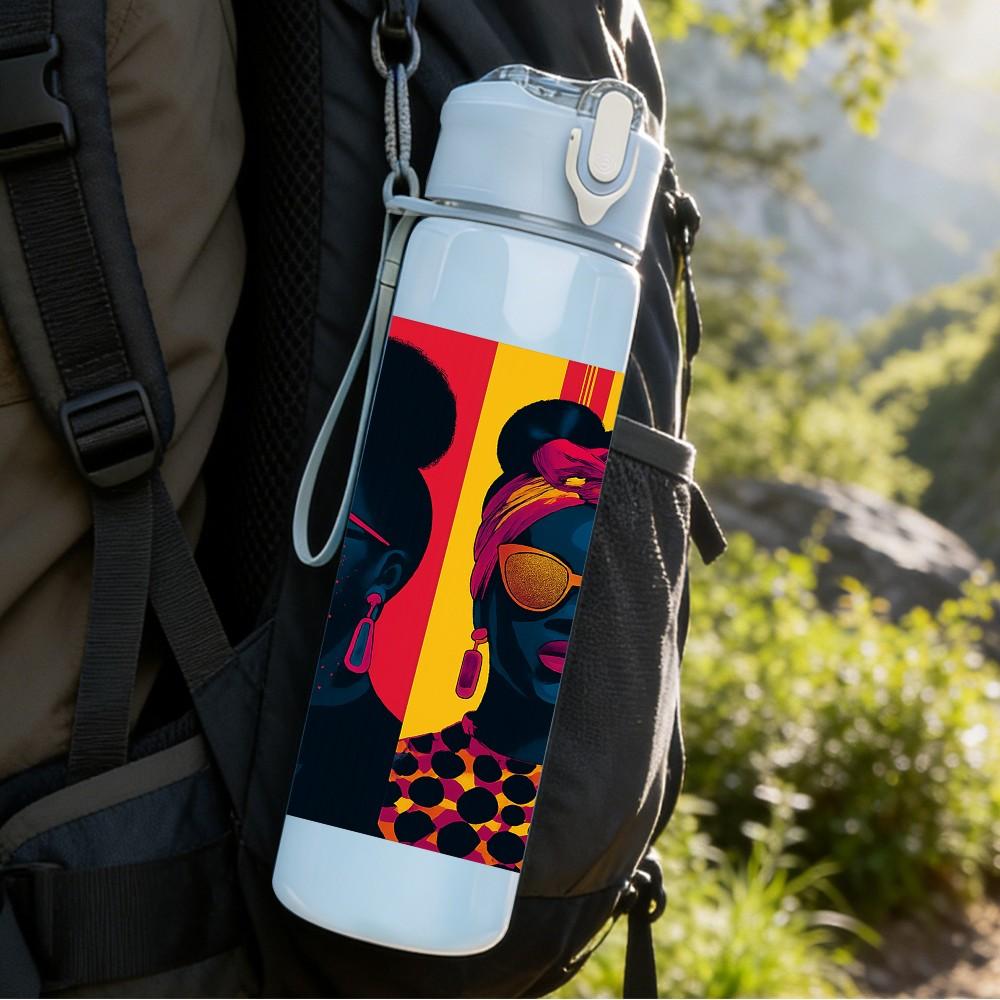 1PC Three Black Women Ethnic Art Print 750ml Color Plastic Sports Water Bottle Leakproof Flip Straw Lid Suitable for Sports Office Home Use