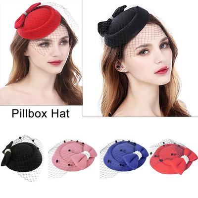 Kadın Hap Kutusu Şapka Moda Fiyonklu Fascinator Şapka Düğün Partisi Kilise Kokteyl Partisi Şapka Saç Aksesuarı İçin Duvaklı Başlık