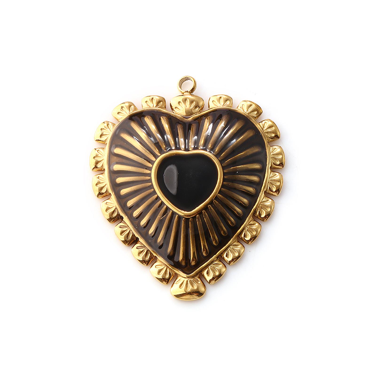 

1 Piece 304 Stainless Steel Valentine s Day Pendants 18K Gold Plated Enamel Heart Charms For Keychains Necklace DIY3.4cm x 2.9cm чорний