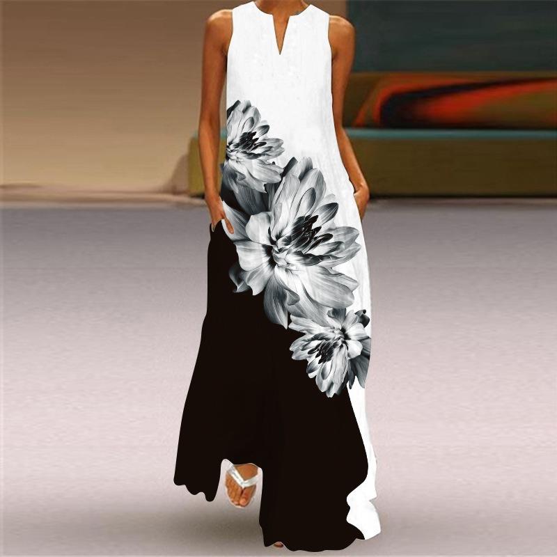 Robe longue d'été sans manches, grande taille, col en V, coupe trapèze, imprimée, décontractée, ample, élégante, mode vintage, robe de plage, 5XL, 26418