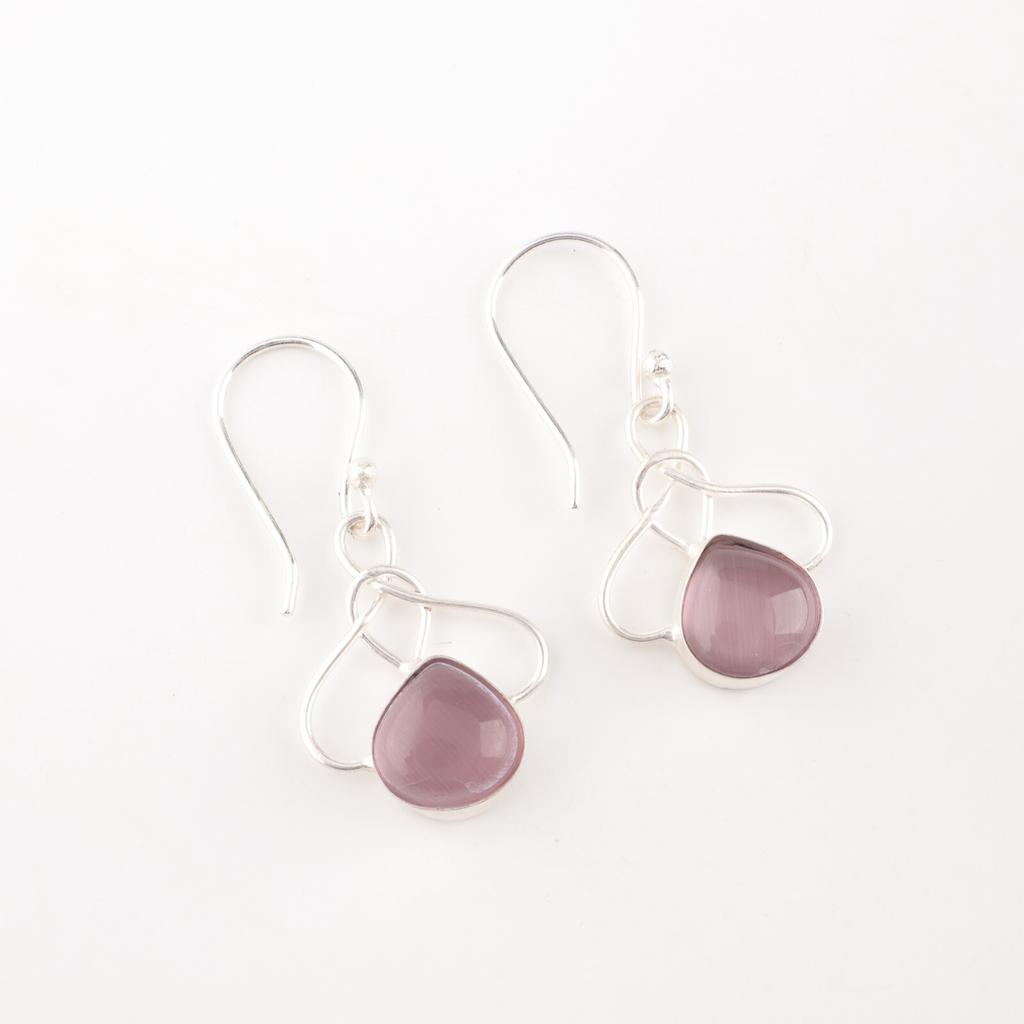 Purple Cat's Eye Gemstone 925 Stamped Silver Jewelry Handcrafted Earrings 1.50" EE-2-47