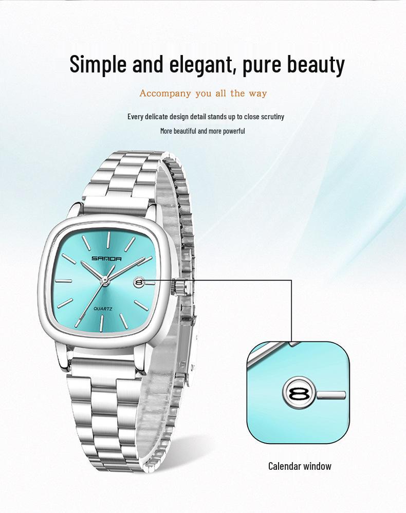 Retro Light Luxury Gold Square Watch with Large Dial and Calendar - High-Value Steel Band for Couples