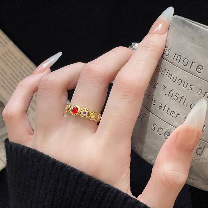 Gold Ethnic Style Retro Color Enamel Dripping Open Ring Fashion Pattern Medieval Exquisite High-End Ring