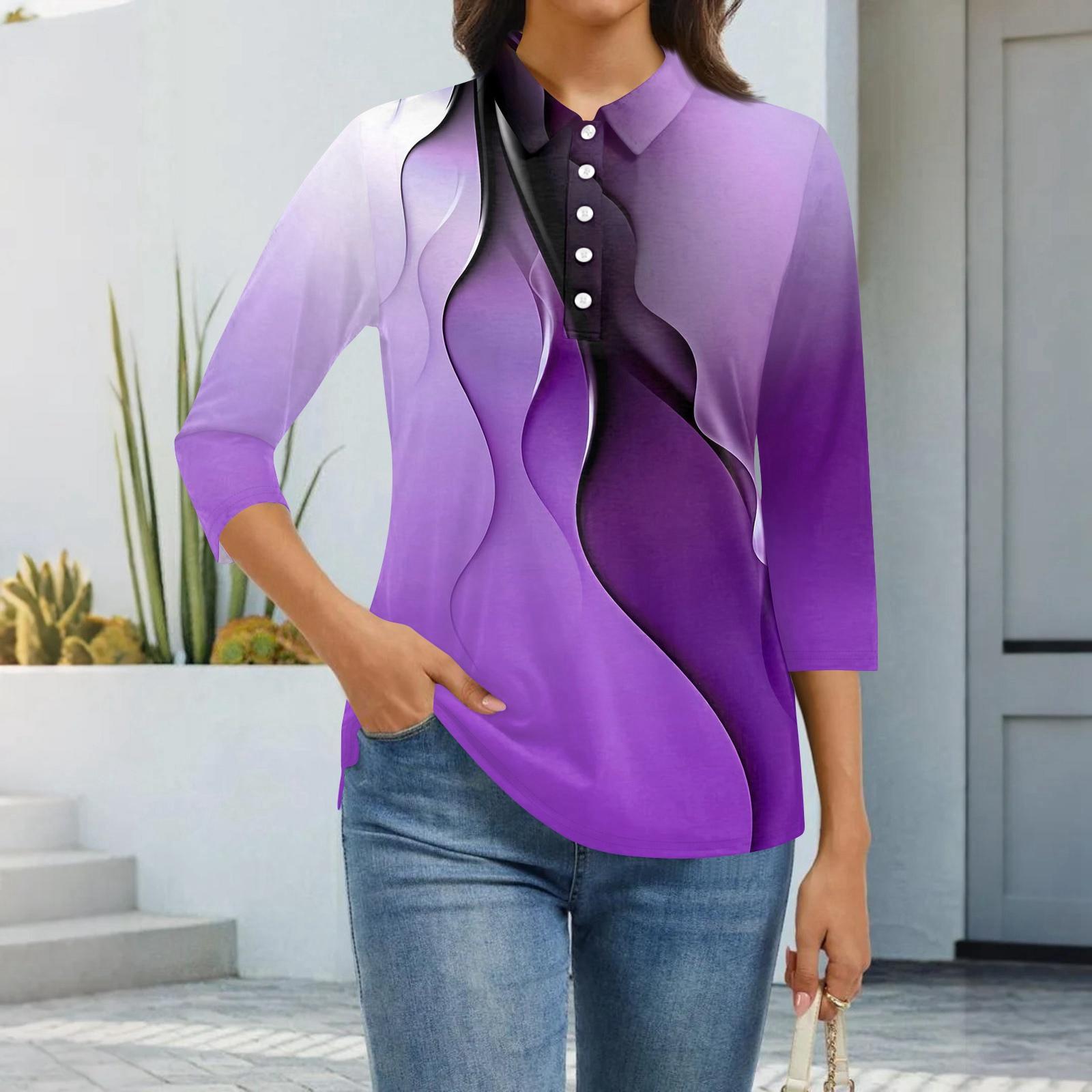 

Women s Fashion Casual Lapel Short 3/4 Sleeve Print Shirt Women s Button Up Tops L фіолетовий