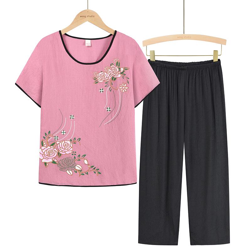 Summer Cotton & Linen Suit for 60-70-Year-Old Women: Grandma's Loose Pajama Set with Short-Sleeved T-Shirt