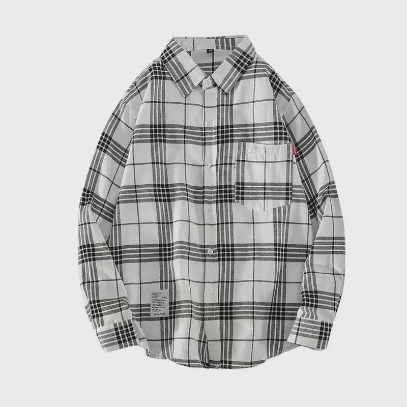 2024 Men's Plaid Shirt: Casual Spring/Autumn Jacket, Long-Sleeved Trendy Student Style