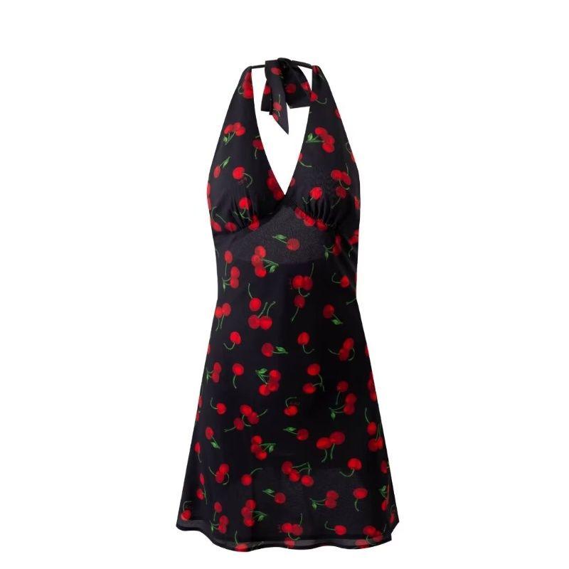 

Real Series Southern Italian Style Sexy V-neck Little Cherry Print Halterneck Strap Backless Short Sling Dress Little Cherry Neck Dress L