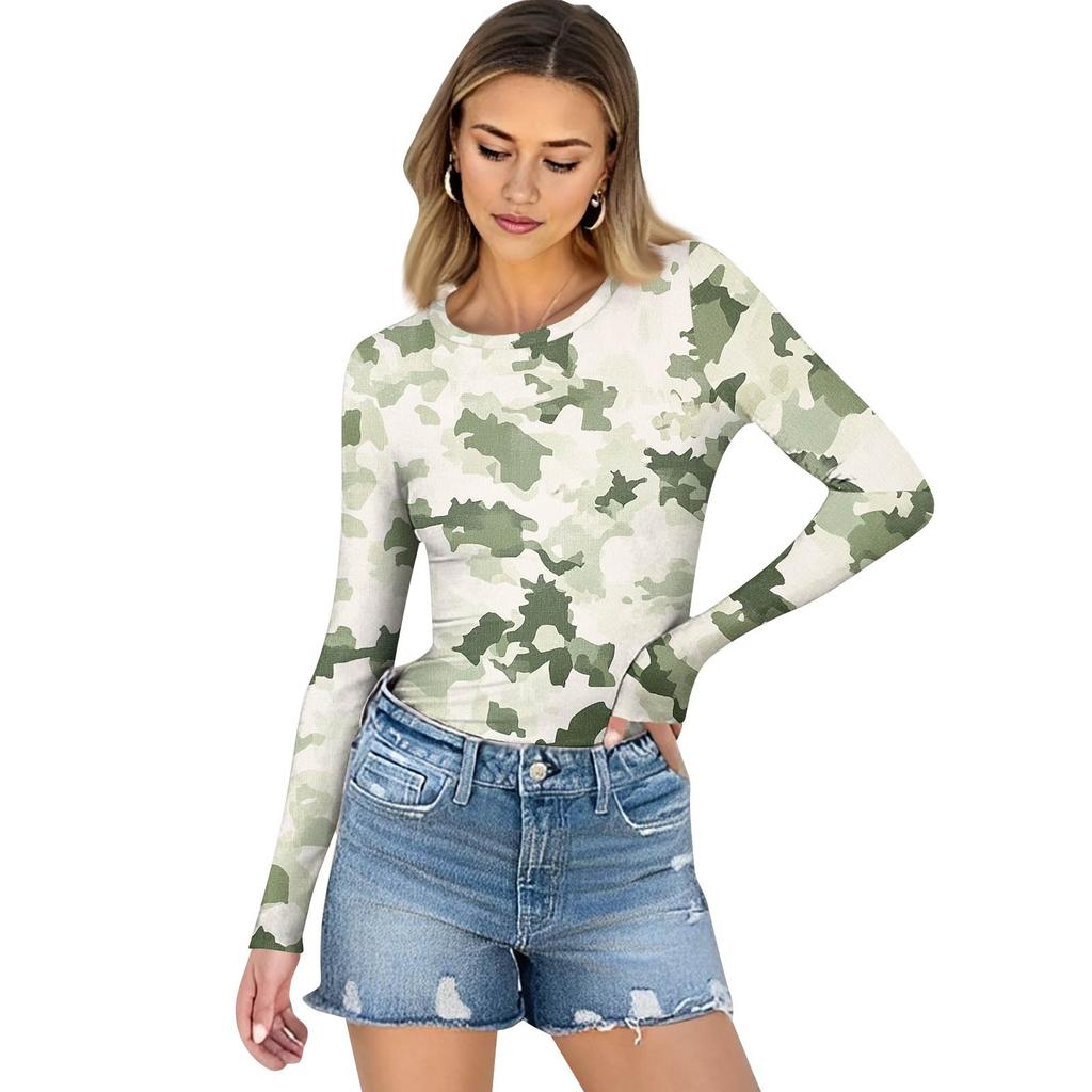 Women's  And Winter Slim Bottom T-shirt Fashion Casual Gradient Printing Round Neck Pullover Long Sleeve Top