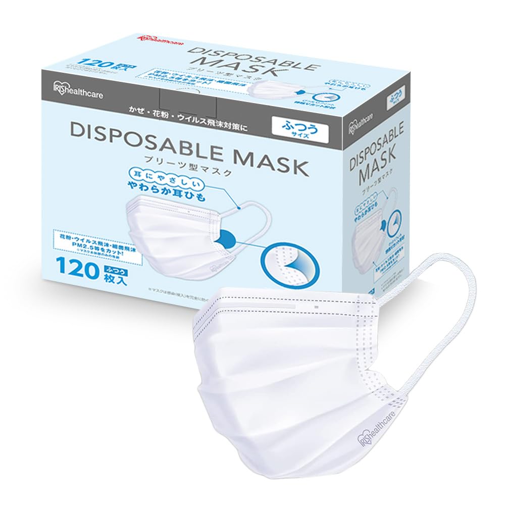 IRIS OHYAMA Nonwoven Pleated 120 Large Regular Comfortable Smart Basic Masks, Count, Capacity, Size, 16.5cm Wide, Ears, White,