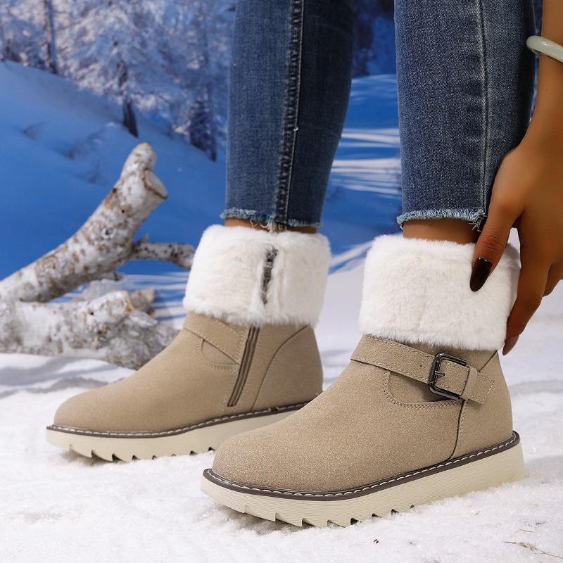 Snow boots women's winter wish cotton shoes new belt buckle warm large size velvet side zipper