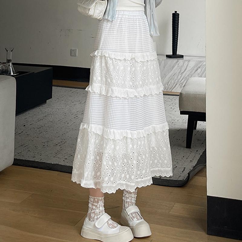 Fuste Lungi Albe Goale Femei Talie Înaltă Dantelă Patchwork Volane A Linie Lolita Fustă Midi