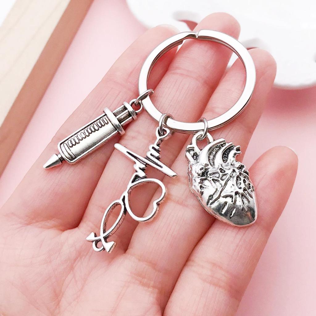 Cross-Border Nurse Tools Keychain with Syringe, Stethoscope, Heart & ECG Pendants